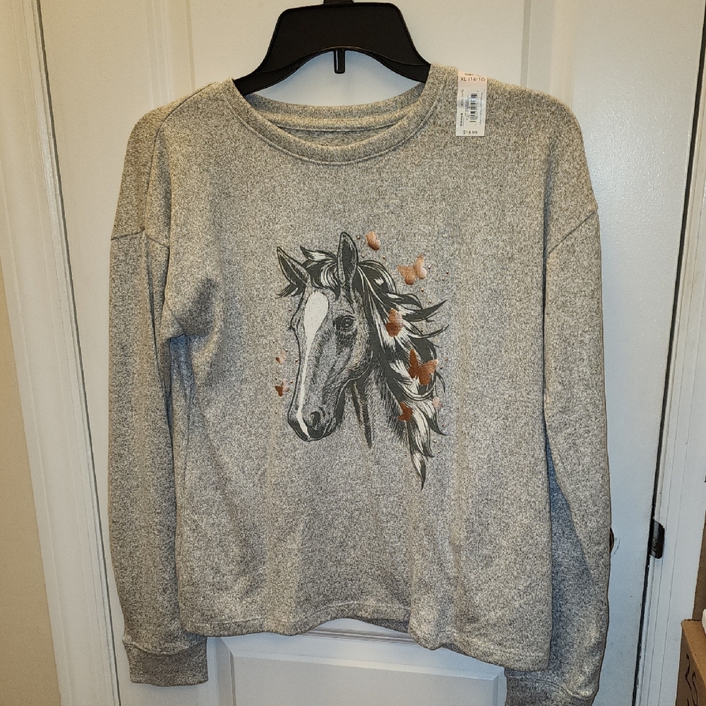 Gray Sweatshirt with Horse and Butterfly Design